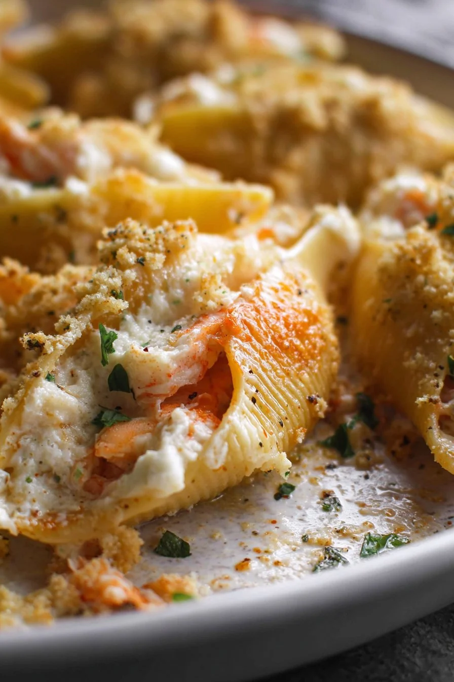 Delicious Seafood Stuffed Shells filled with shrimp and crab in a creamy sauce