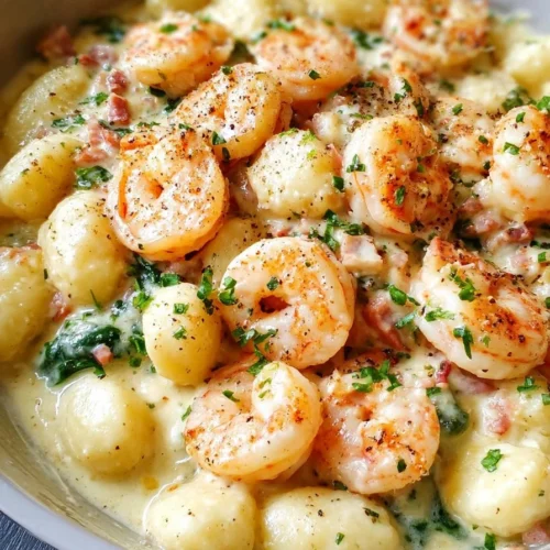 Shrimp Gnocchi with Garlic Parmesan Cream Sauce served in a bowl