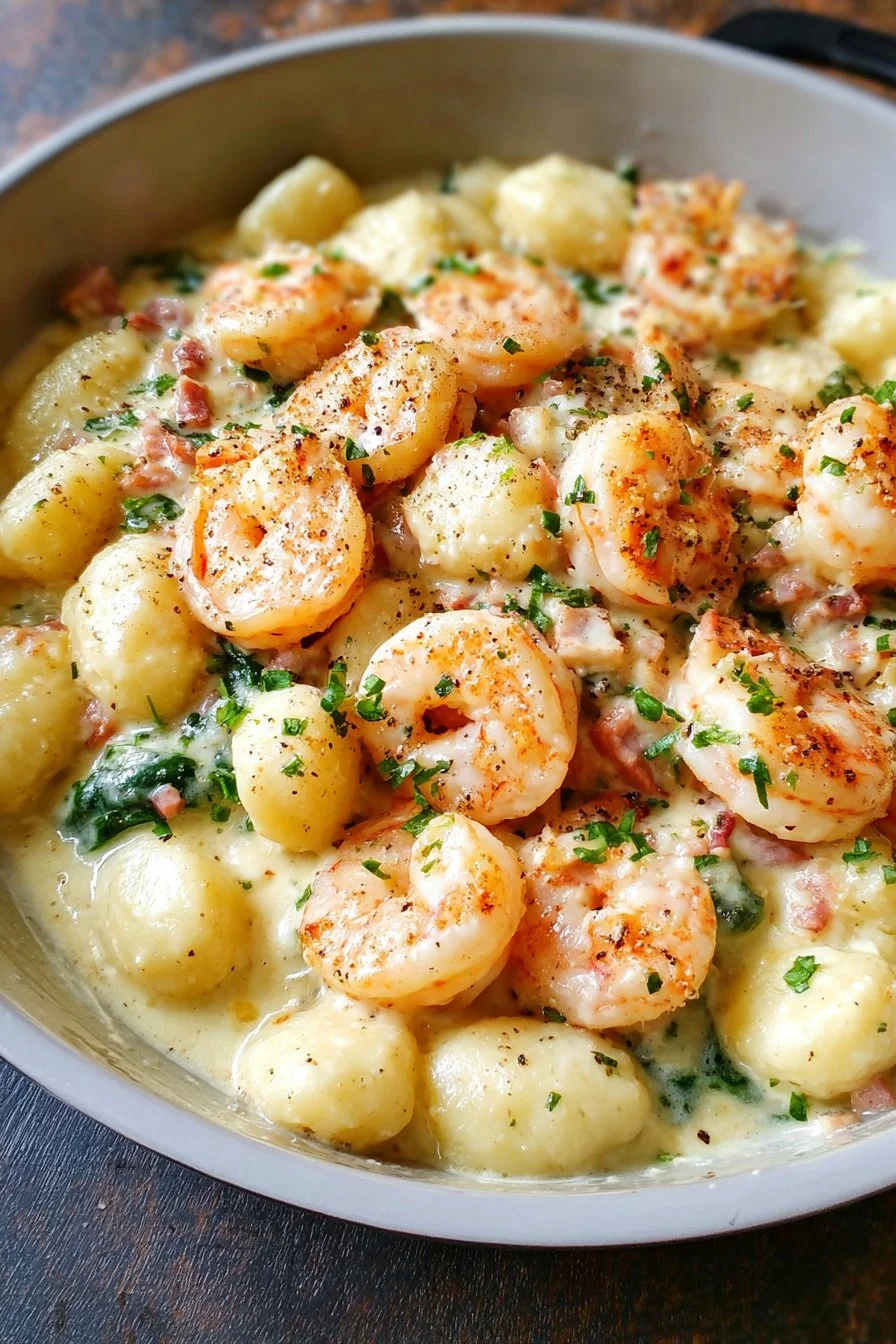 Shrimp Gnocchi with Garlic Parmesan Cream Sauce served in a bowl