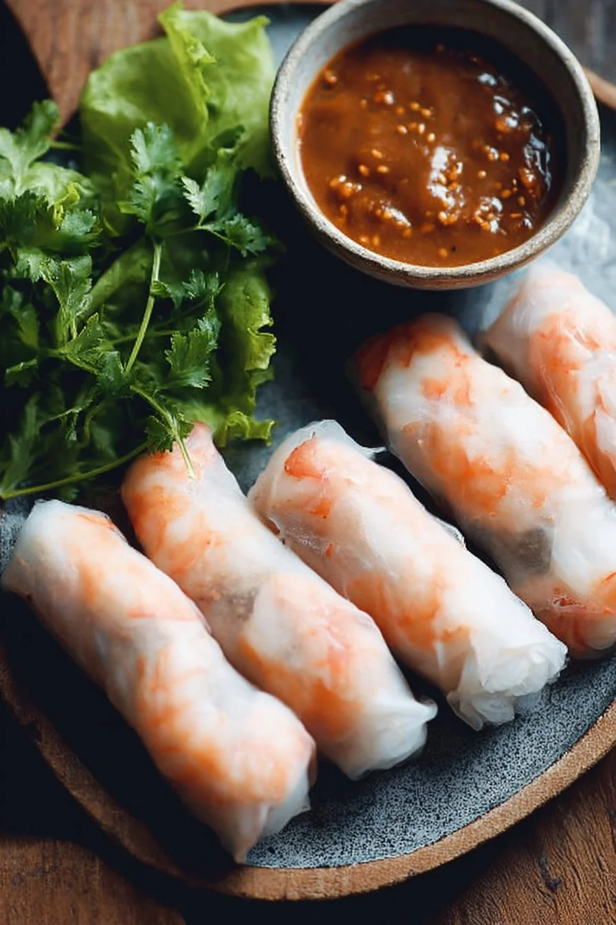 Crispy shrimp spring rolls filled with fresh vegetables and served with dipping sauce.