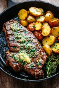 Skillet Garlic Butter Herb Steak and Potatoes served in a pan