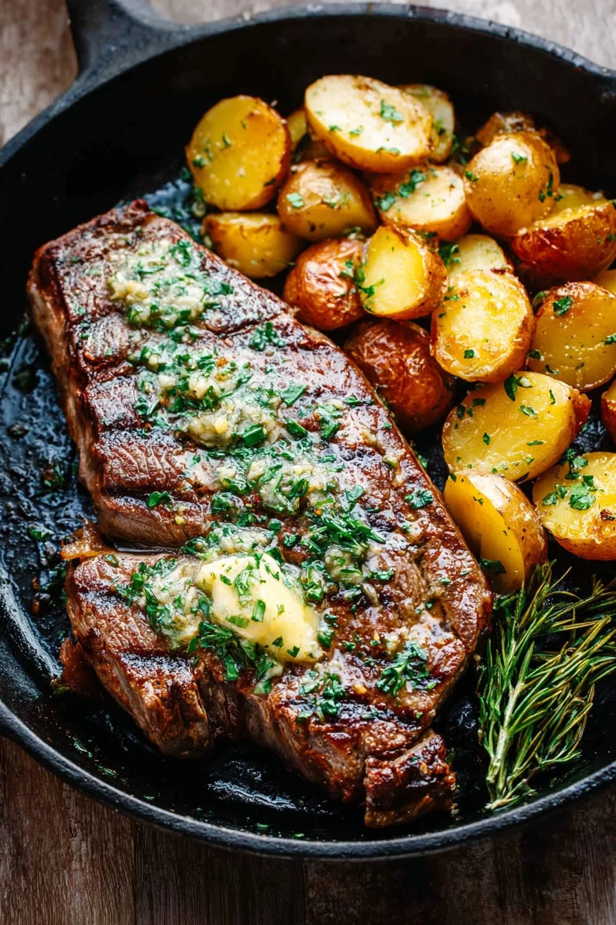 Skillet Garlic Butter Herb Steak and Potatoes served in a pan