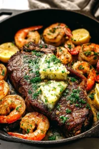 Skillet garlic butter steak and shrimp served on a plate with herbs