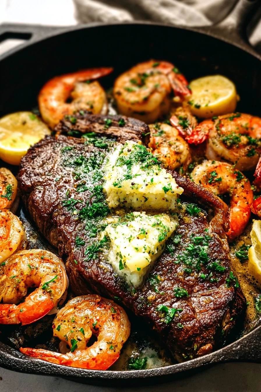 Skillet garlic butter steak and shrimp served on a plate with herbs
