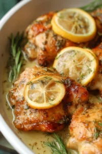 Skillet Lemon Dill Chicken Thighs served on a plate with lemon wedges and herbs