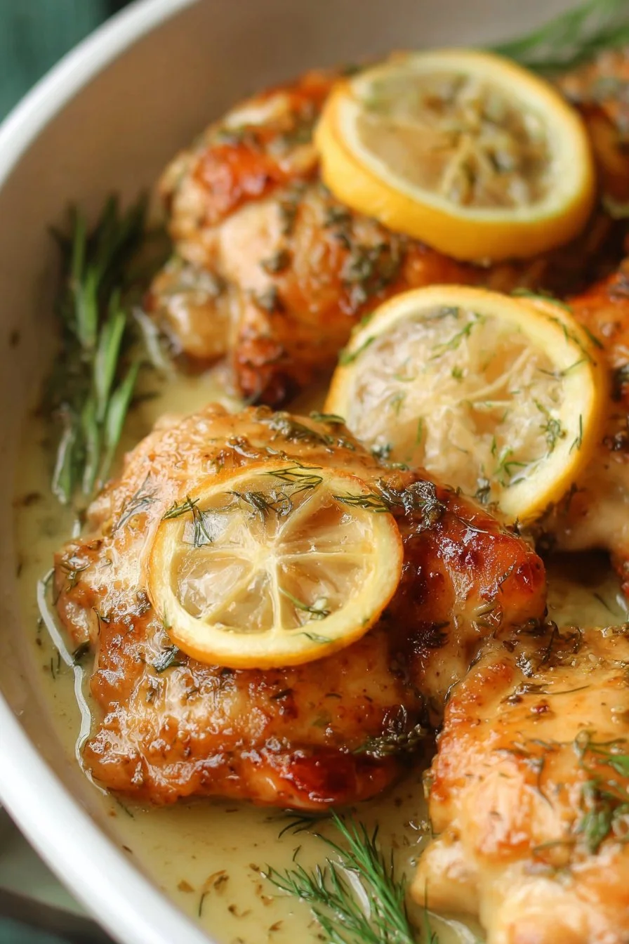 Skillet Lemon Dill Chicken Thighs served on a plate with lemon wedges and herbs