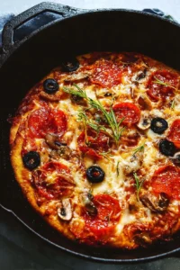 Delicious homemade skillet pizza with fresh toppings in a cast iron pan