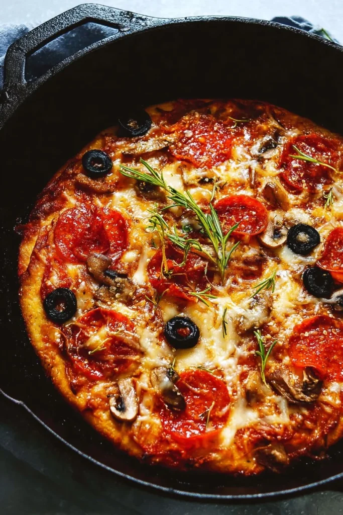 Delicious homemade skillet pizza with fresh toppings in a cast iron pan