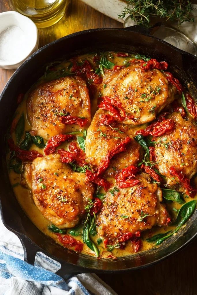 Skillet Sun Dried Tomato Chicken Thighs served with fresh herbs