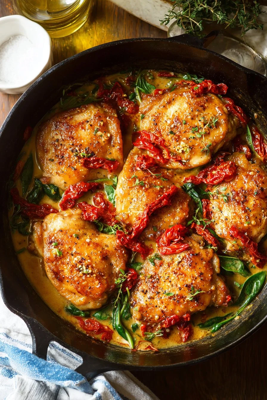 Skillet Sun Dried Tomato Chicken Thighs served with fresh herbs