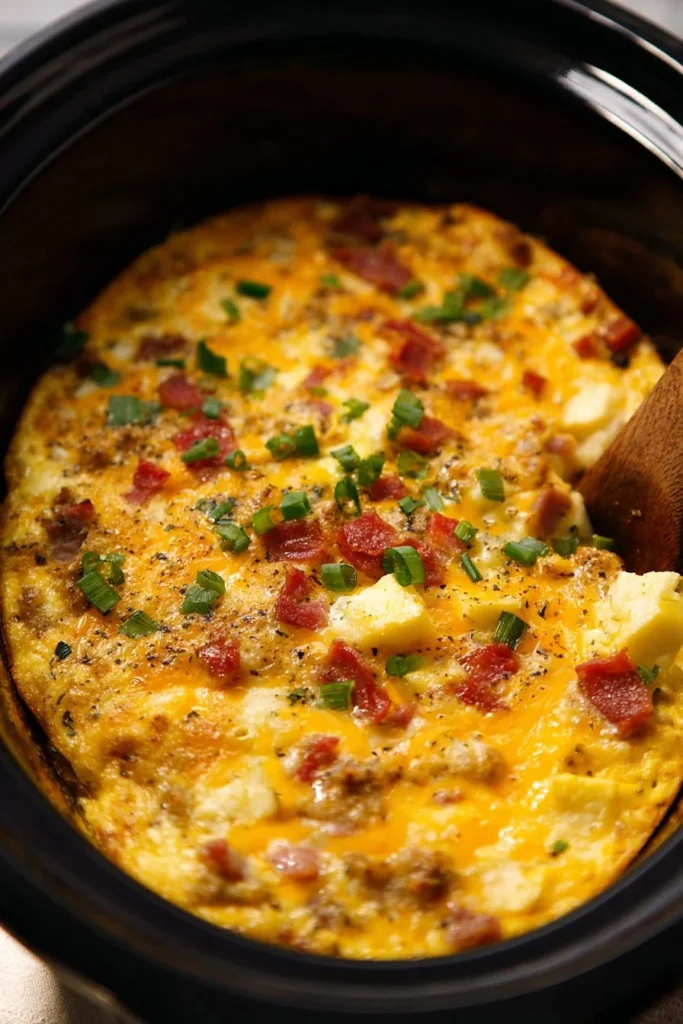 Delicious slow cooker breakfast casserole with eggs, cheese, and vegetables