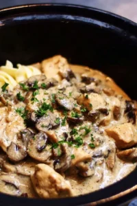 Slow cooker chicken stroganoff with mushrooms served on a plate.