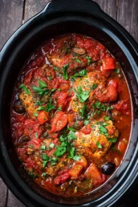 Slow Cooker Chicken Cacciatore served with vegetables and herbs