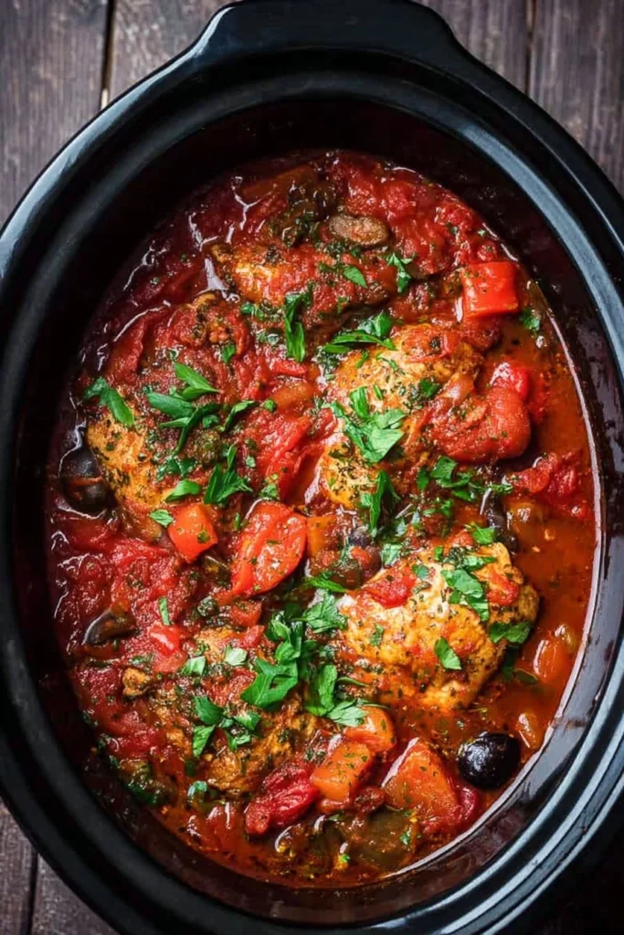 Slow Cooker Chicken Cacciatore served with vegetables and herbs