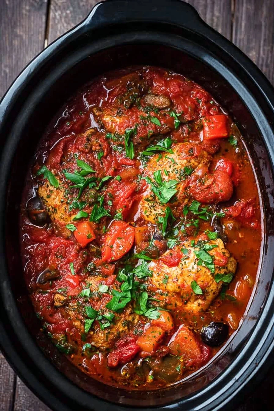 Slow Cooker Chicken Cacciatore served with vegetables and herbs