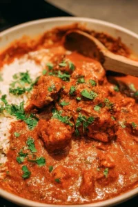 Delicious slow cooker chicken tikka masala served in a bowl with rice