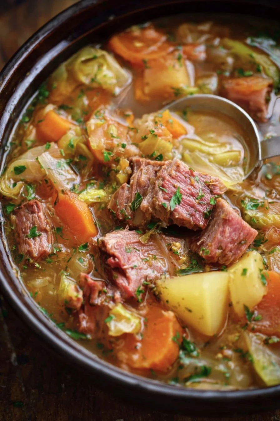 Slow Cooker Corned Beef and Cabbage Stew in a bowl with fresh herbs