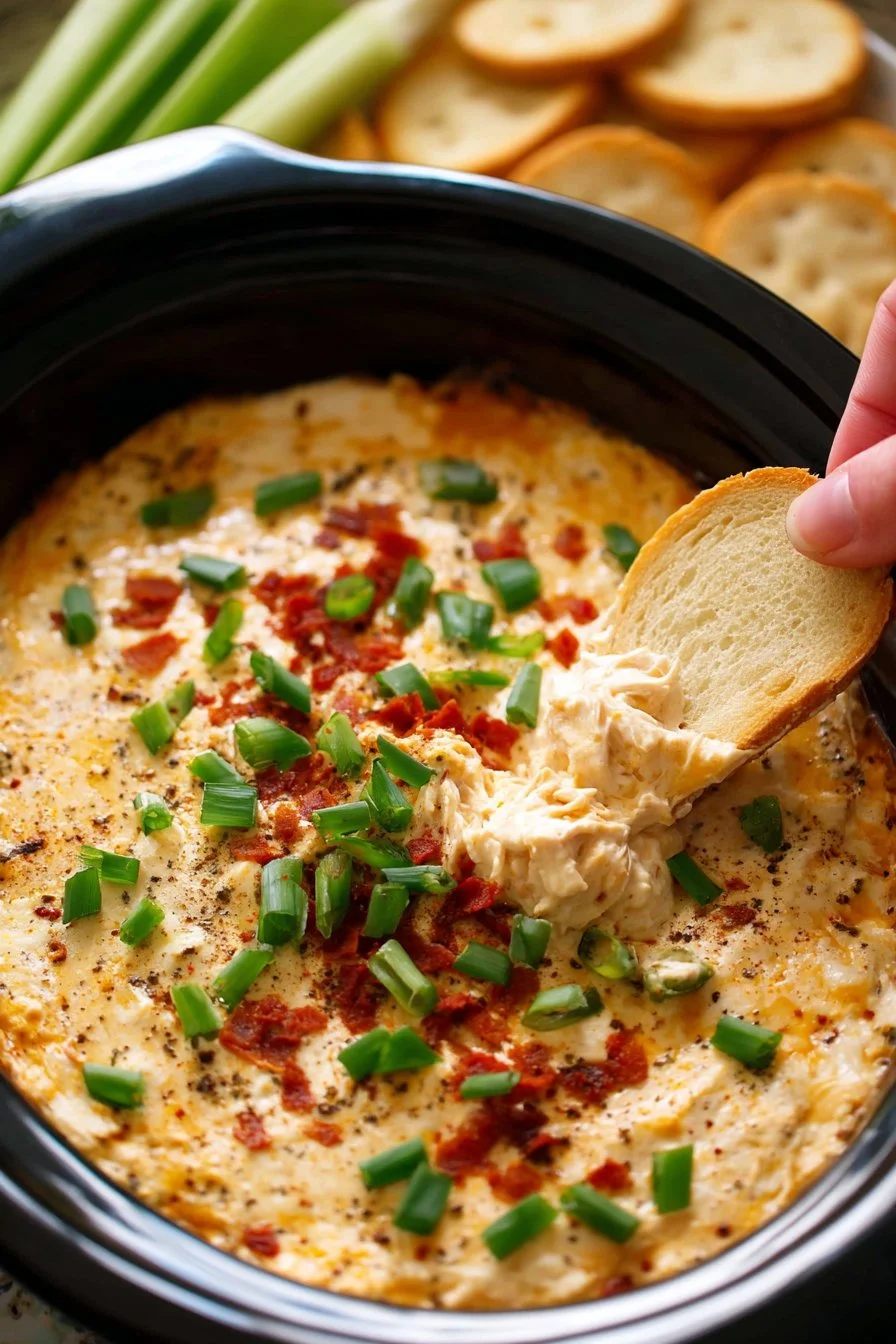 Delicious Slow Cooker Crack Chicken Dip served with chips on a table
