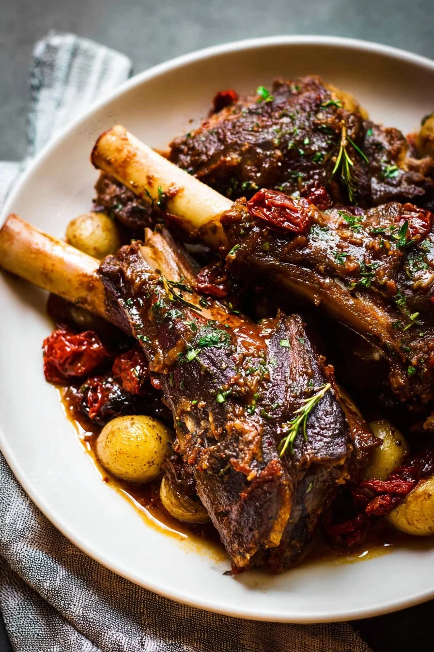 Slow Cooker Greek Lamb Shanks served with herbs and spices