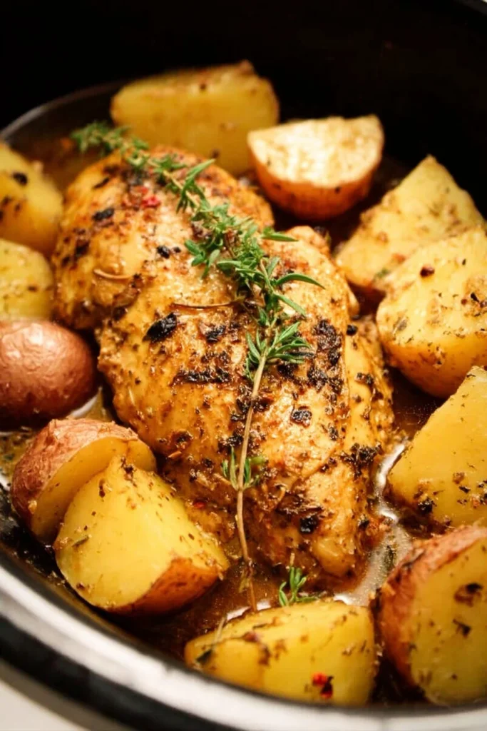 Slow Cooker Herbed Chicken with Potatoes in a bowl