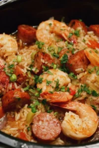 Bowl of slow cooker jambalaya with shrimp, sausage, and vegetables