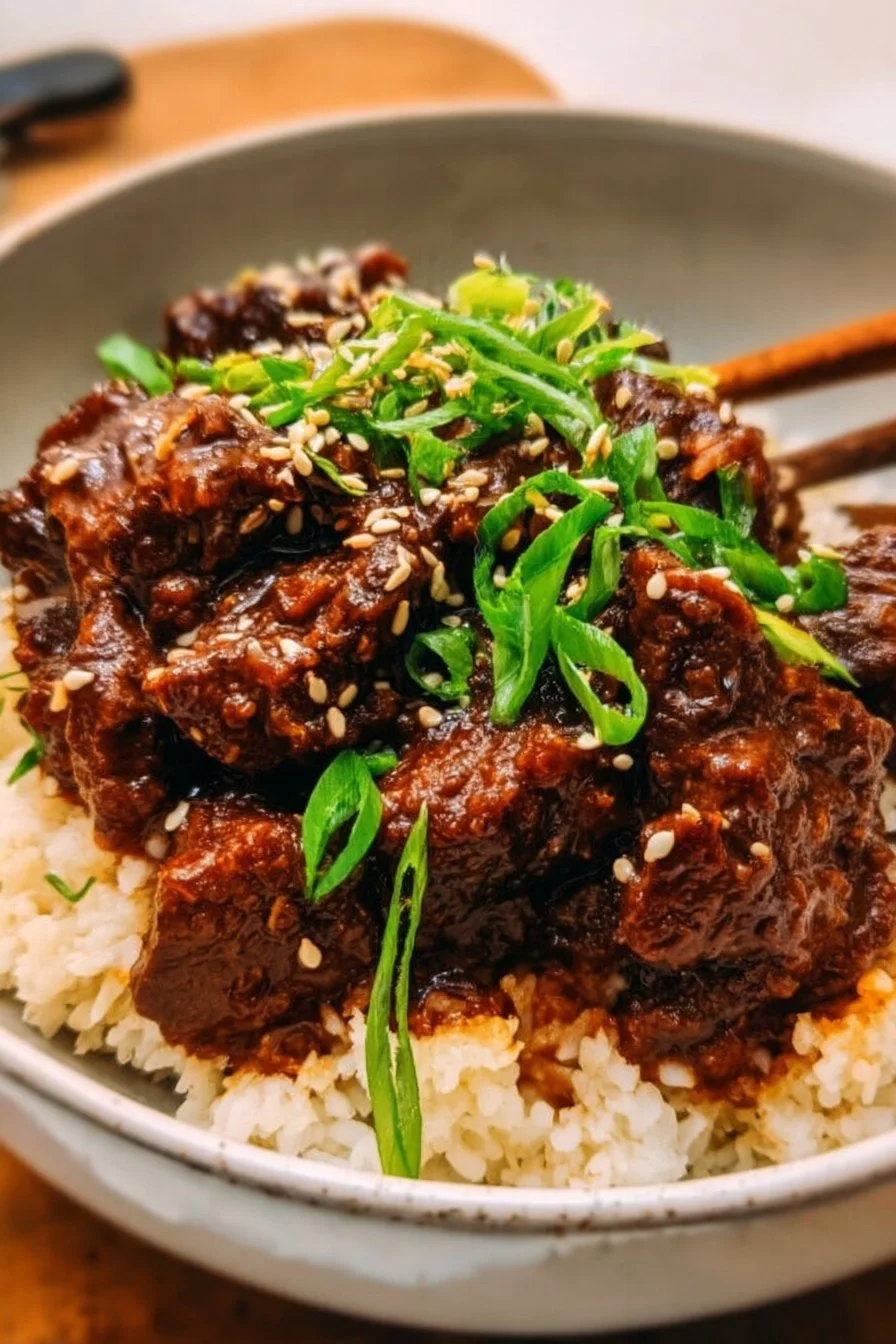 Slow Cooker Korean Beef dish with tender meat and savory sauce