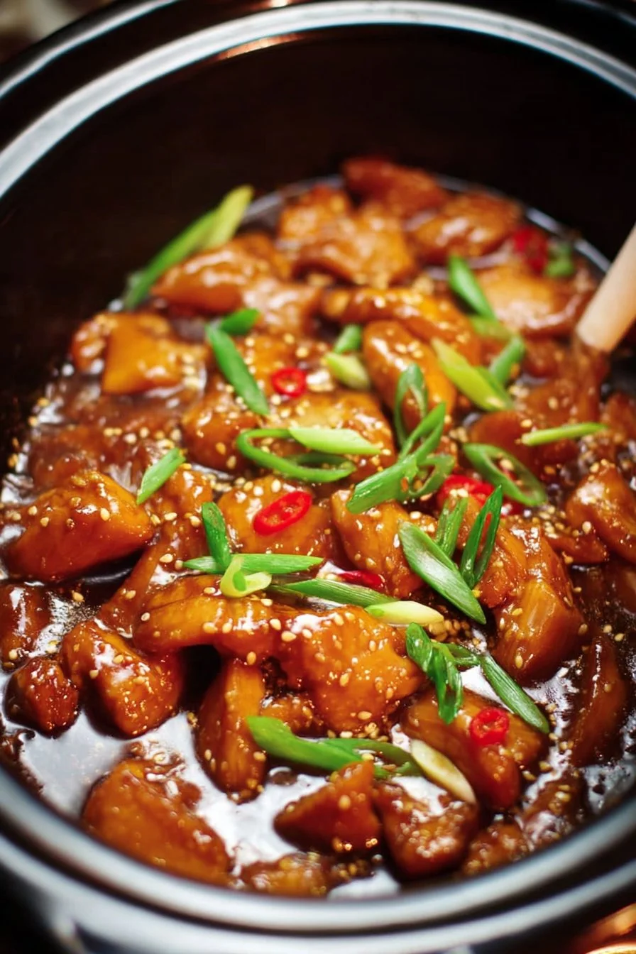 Slow Cooker Mongolian Chicken served with rice and vegetables