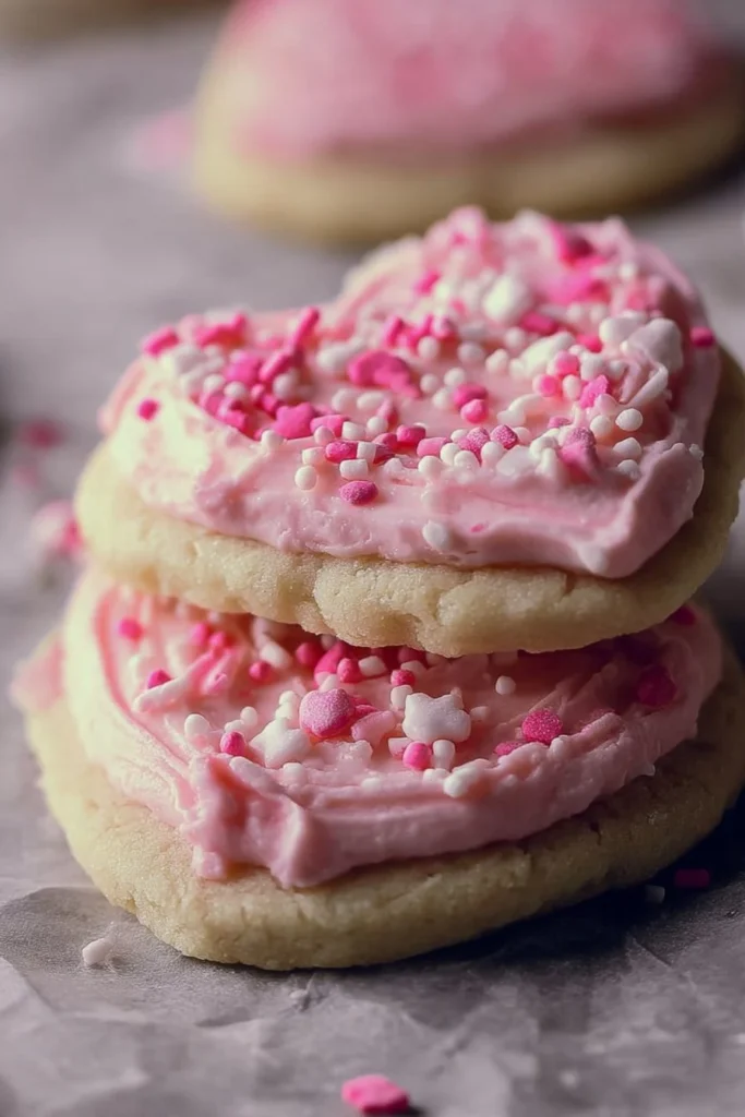Soft Valentine's Day frosted sugar cookies decorated with pink icing