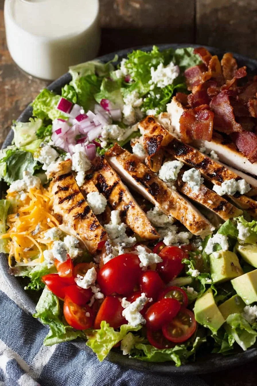 Plate of Southwest Grilled Chicken Salad with candied bacon and fresh vegetables