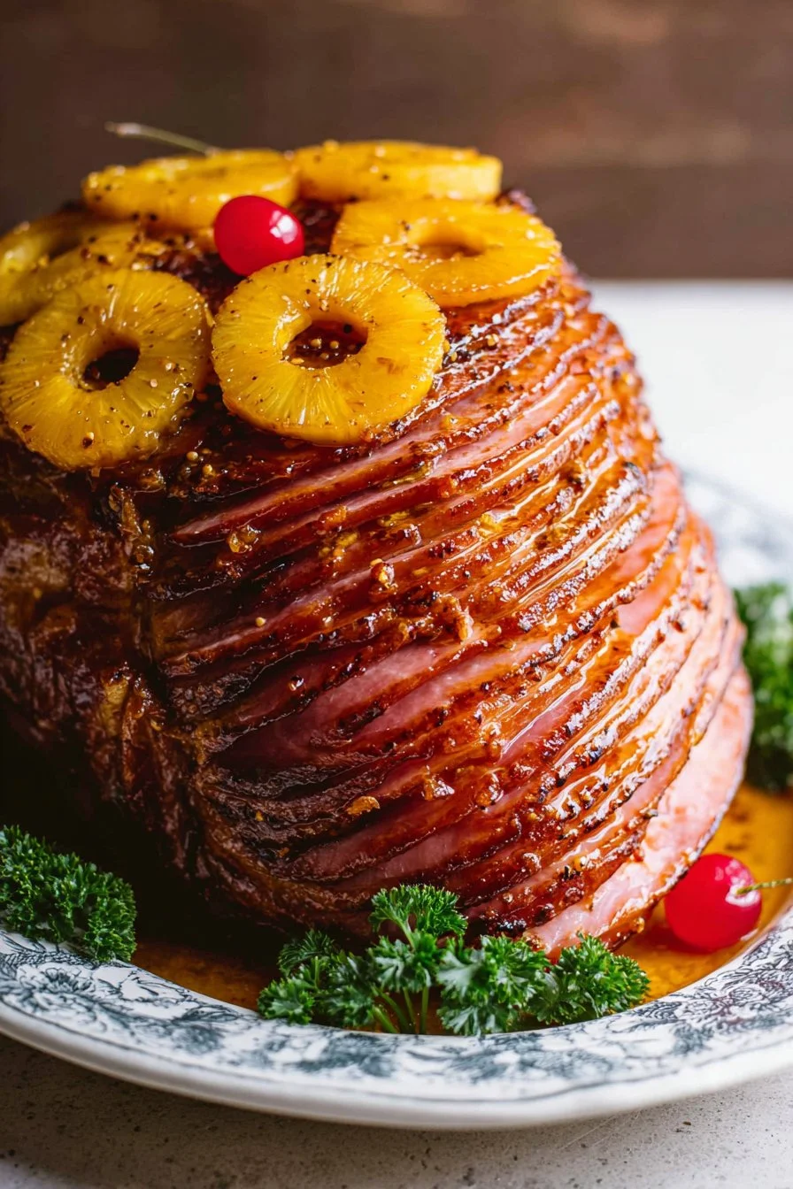 Spiced rub brown sugar pineapple glazed ham on a festive table