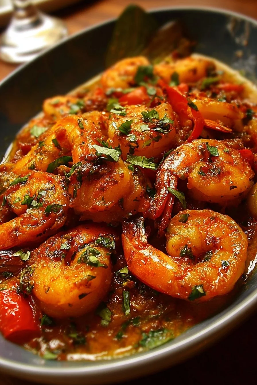 Plate of spicy voodoo shrimp garnished with herbs and spices