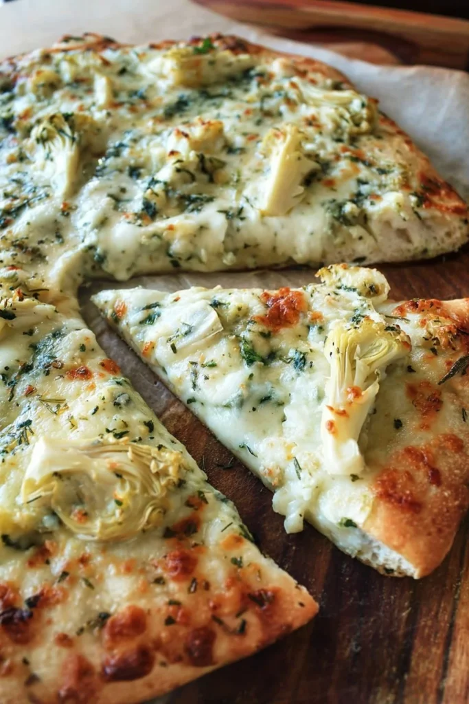 Delicious Spinach Artichoke Dip Pizza topped with creamy cheese and fresh greens