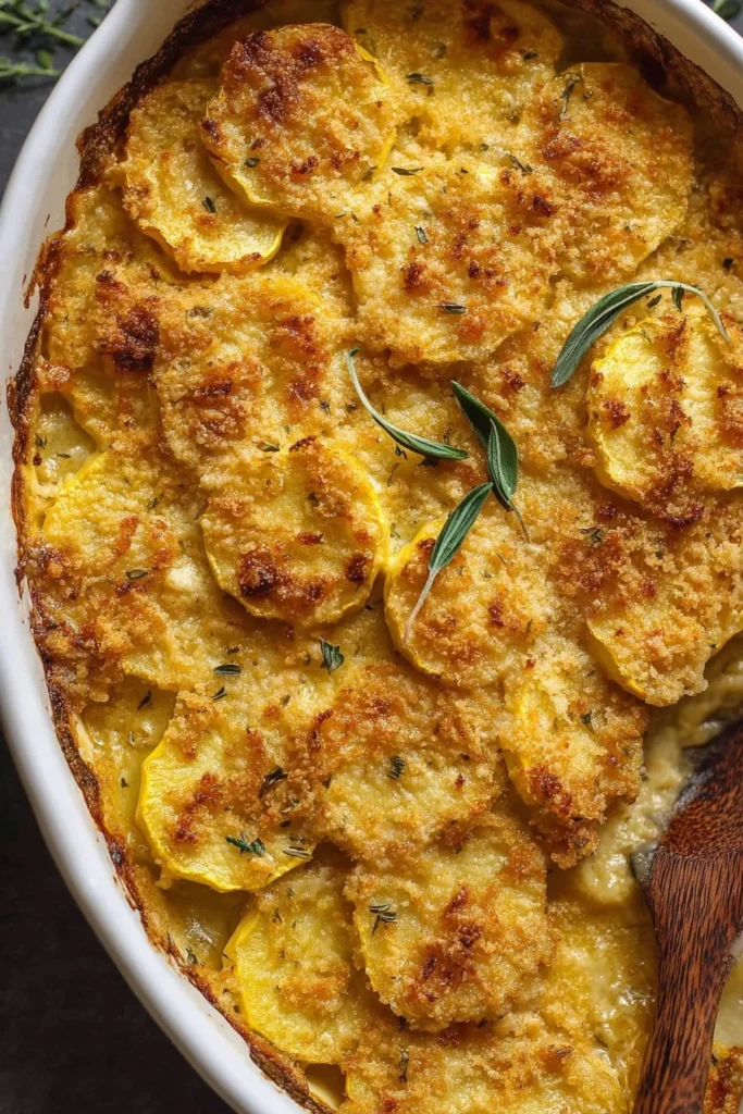 Deliciously baked squash casserole with cheese and breadcrumbs on top