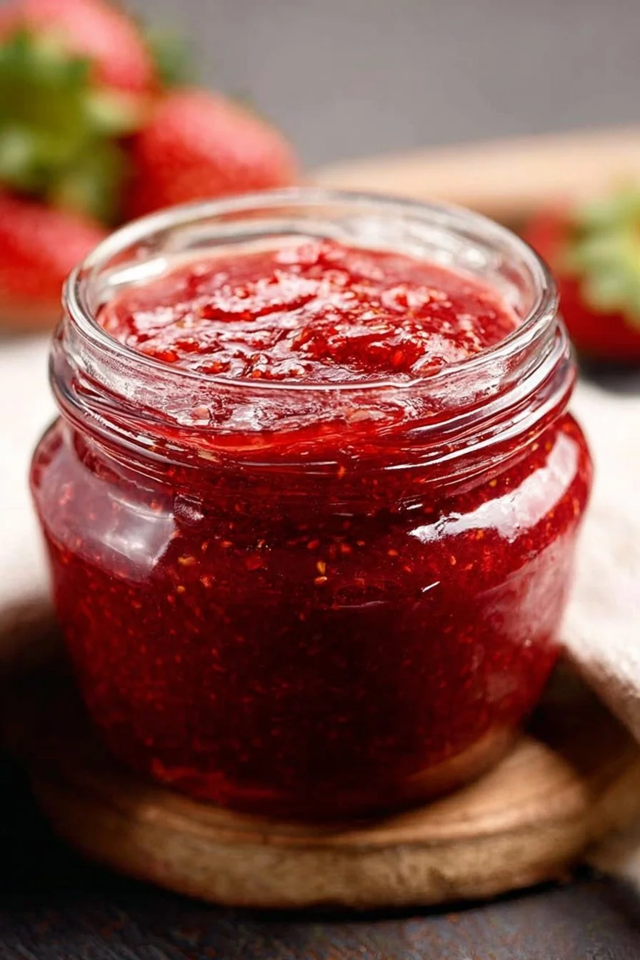 Homemade strawberry freezer jam in a jar with strawberries on the side