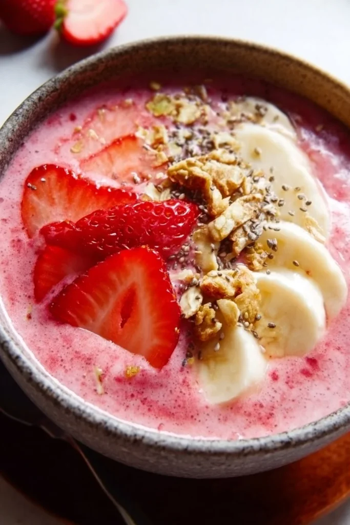 Delicious strawberry smoothie bowl topped with fruits and granola