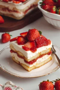 Delicious homemade strawberry tiramisu dessert in a serving dish.