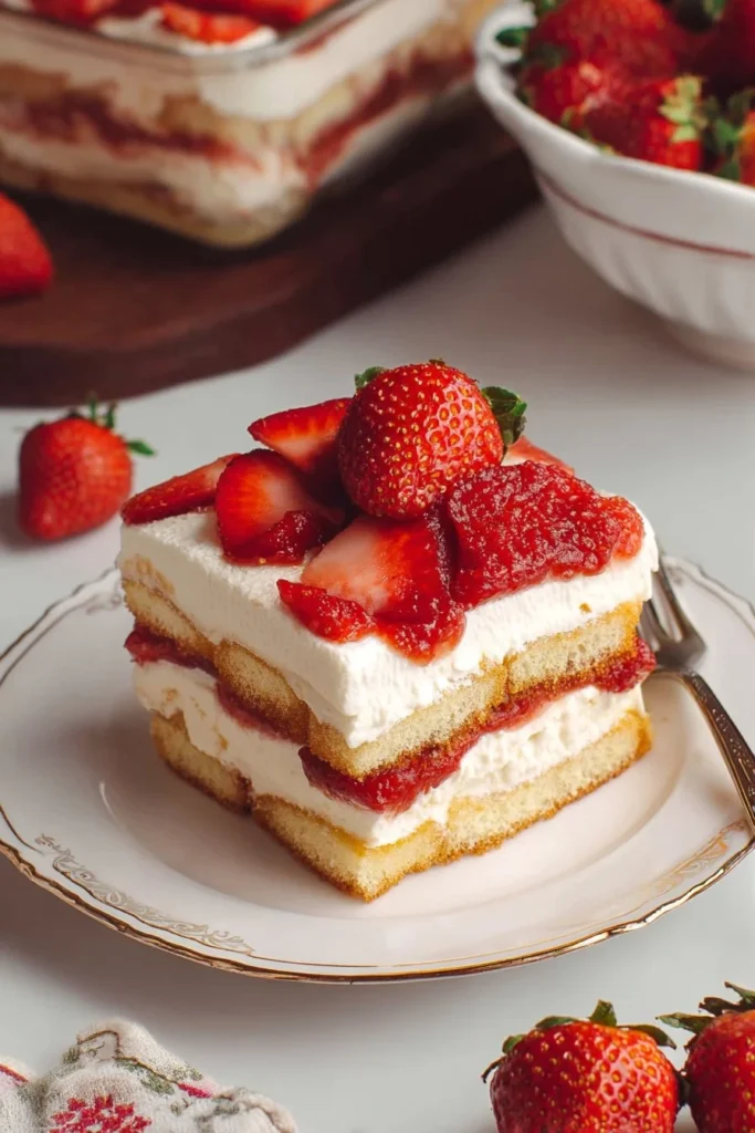 Delicious homemade strawberry tiramisu dessert in a serving dish.