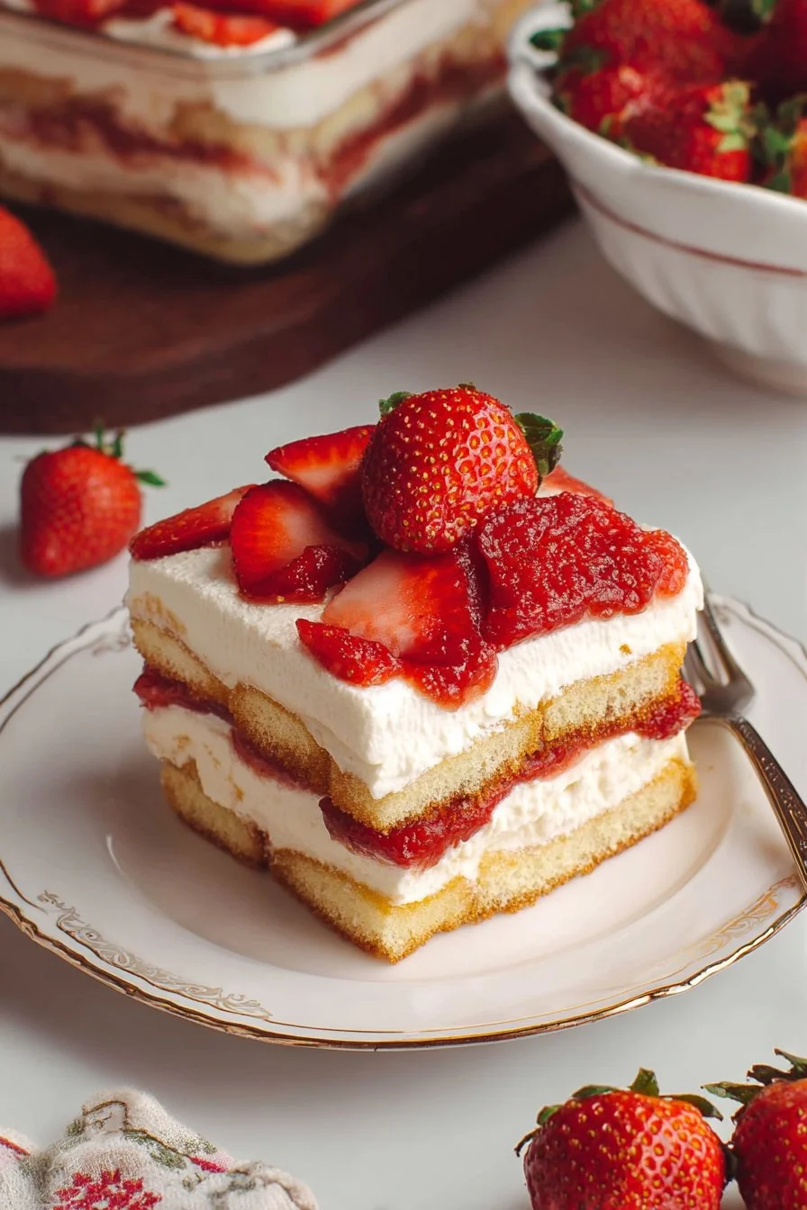 Delicious homemade strawberry tiramisu dessert in a serving dish.