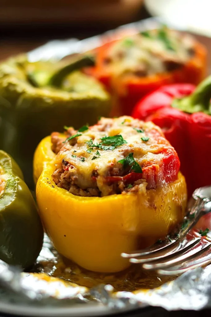 Colorful stuffed bell peppers filled with rice and vegetables