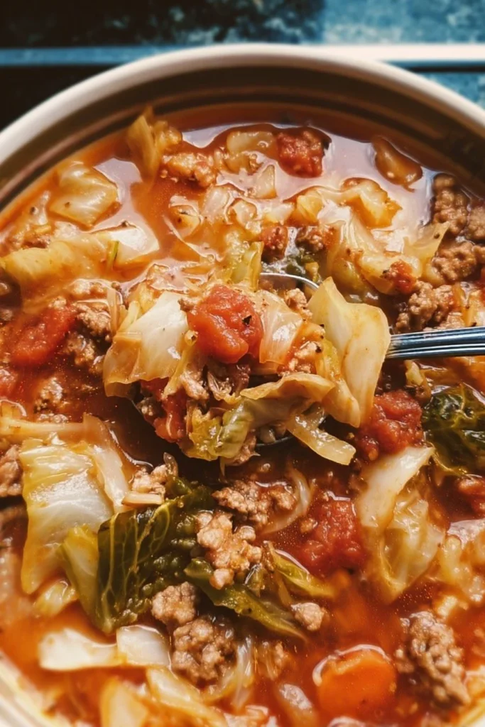 Bowl of delicious stuffed cabbage soup with fresh herbs on top.