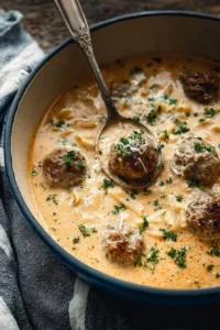 A bowl of hearty Swedish Meatball Soup garnished with herbs
