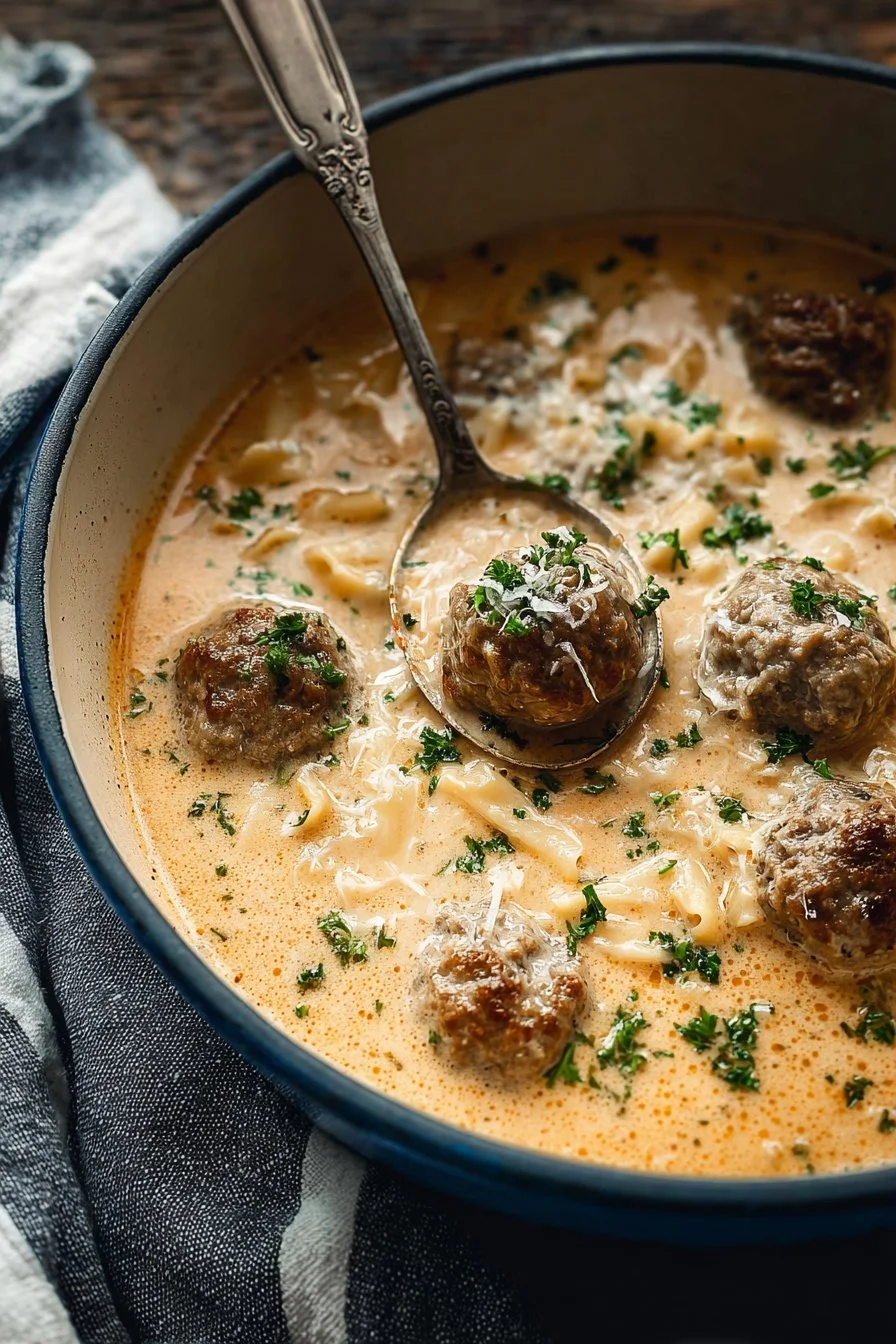 A bowl of hearty Swedish Meatball Soup garnished with herbs