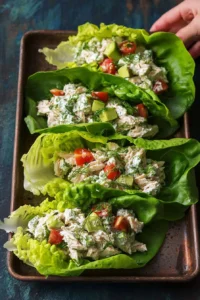 Tasty chicken salad lettuce wraps on a plate with fresh ingredients
