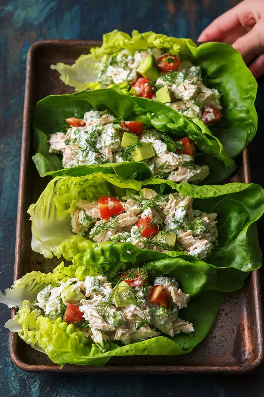 Tasty chicken salad lettuce wraps on a plate with fresh ingredients
