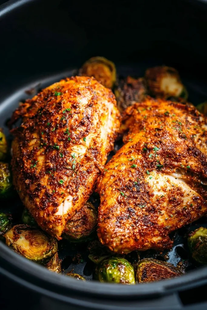 Tender and juicy air fryer chicken served on a plate with herbs