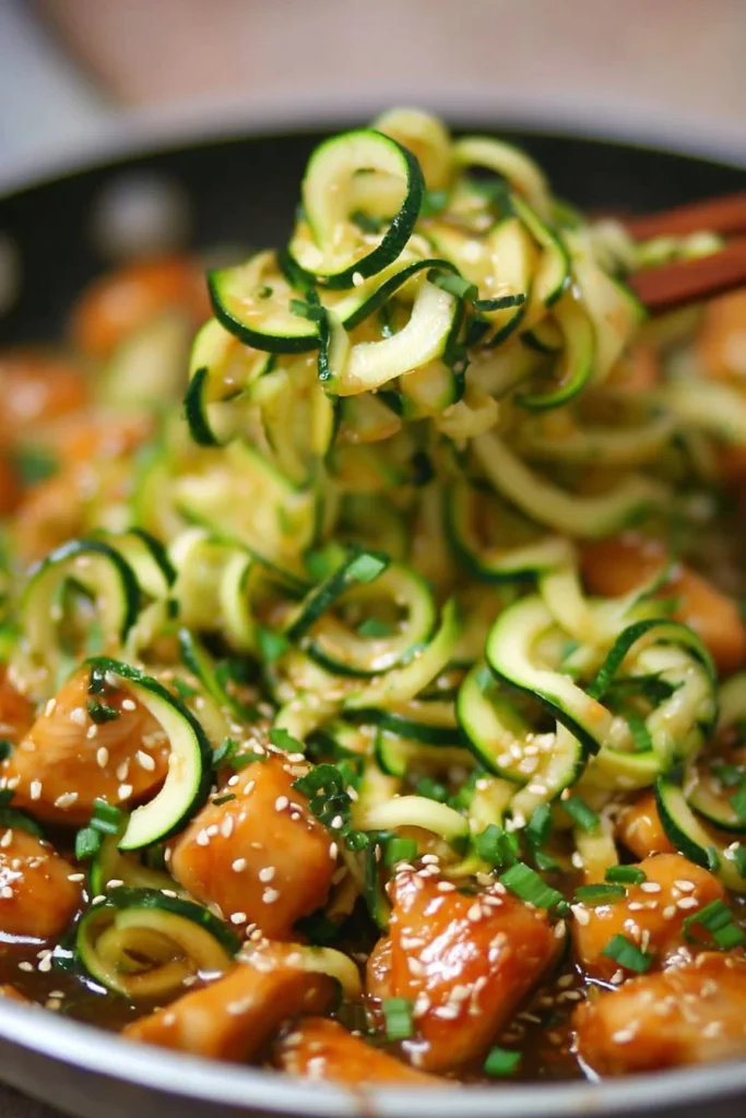 Teriyaki Chicken Zucchini Noodles 1 Delicious teriyaki chicken served over zucchini noodles for a healthy meal.
