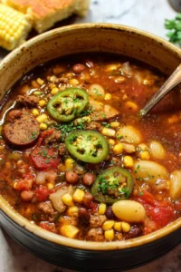 A hearty bowl of Texas Cowboy Stew filled with meat, beans, and vegetables.