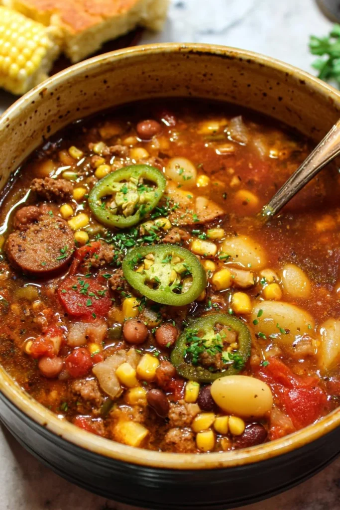 A hearty bowl of Texas Cowboy Stew filled with meat, beans, and vegetables.