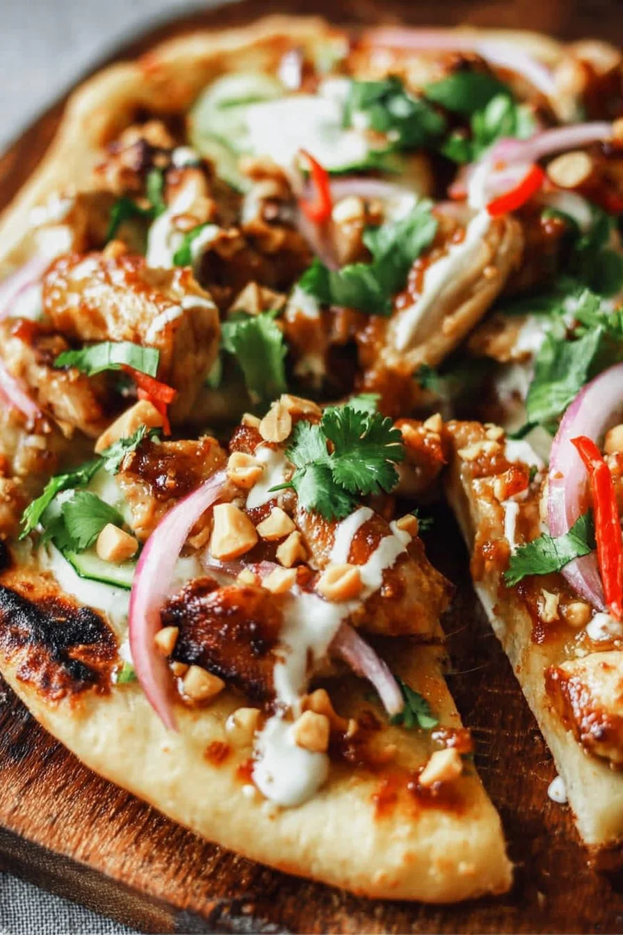 Delicious Thai Chicken Flatbread Pizza topped with fresh ingredients