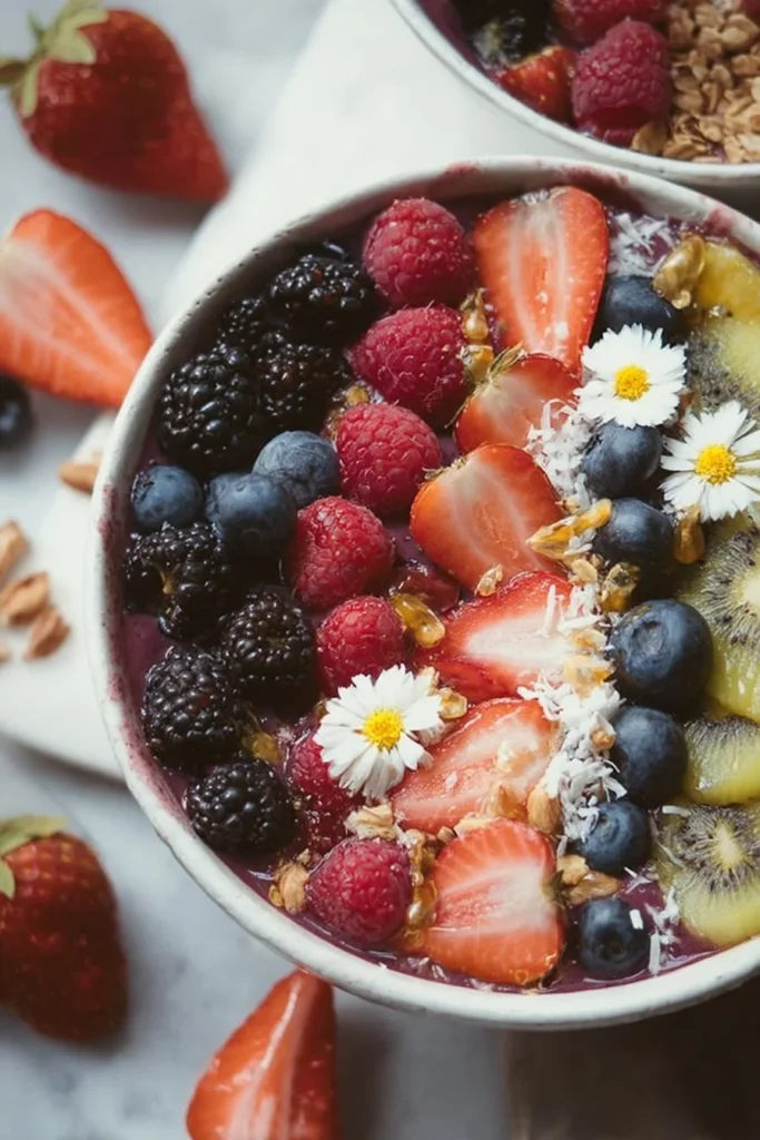 Three delicious acai bowls recipe for a healthy breakfast or snack.